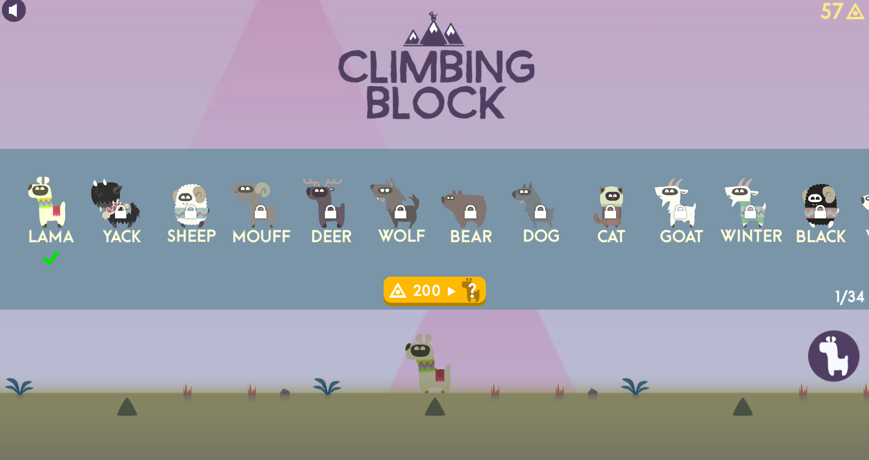 Climbing Block game characters including llamas, cats, unicorns and other adorable animals